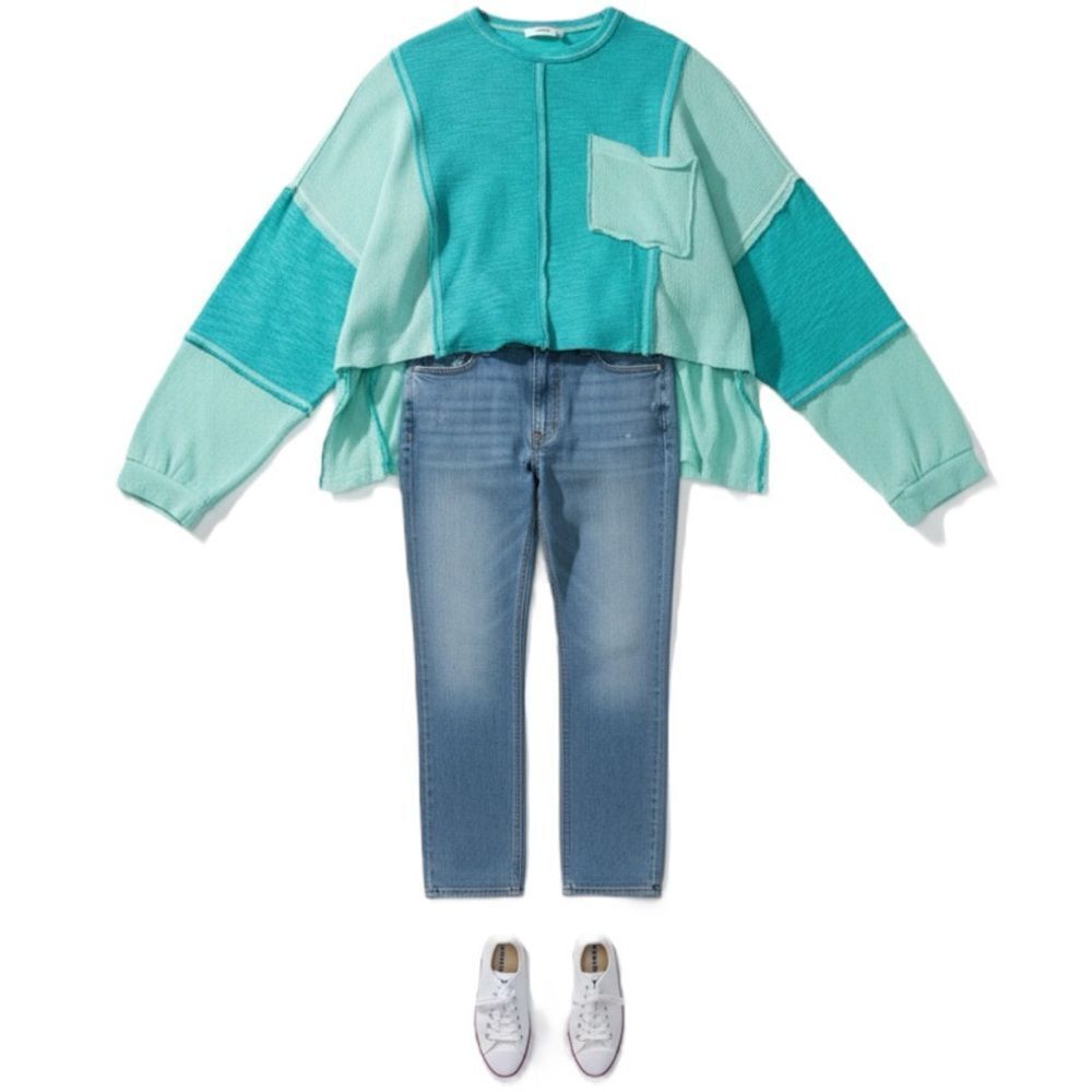 POL Oversized Top Boho Turquoise Green Round Contrast Stitching High-Low Large - Picture 6 of 7